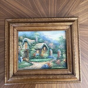 Signed Original Oil Painting Cottage Landscape Storybook House Floral 15x13